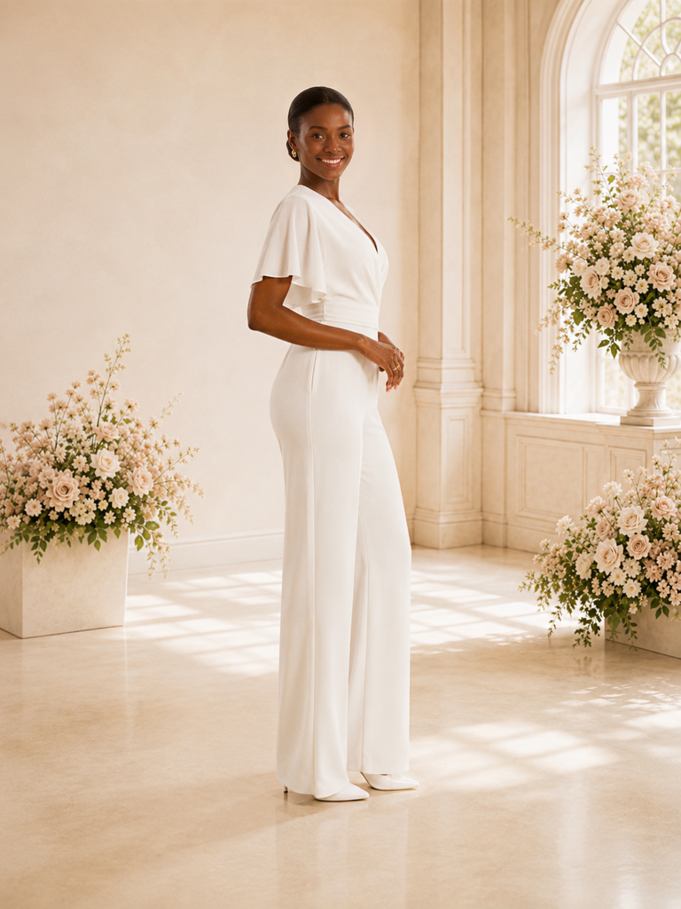 ChicSew Unique V-Neck Short Sleeves Ruching Chiffon Floor-Length Wedding Jumpsuit