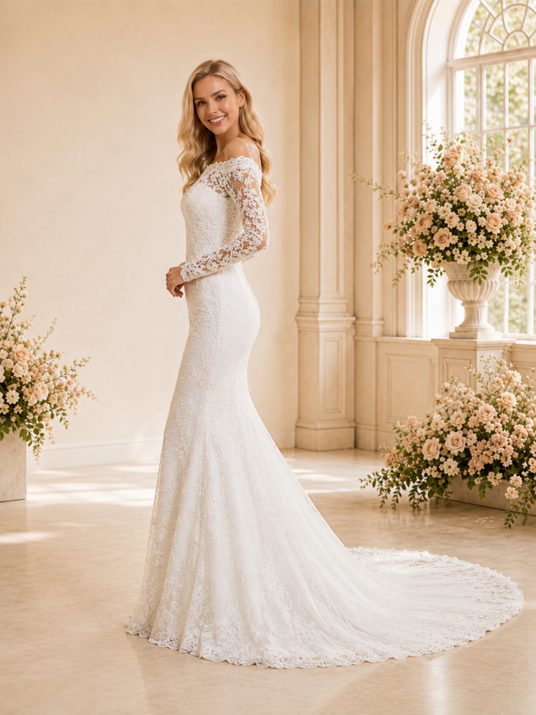 ChicSew Modern Glamorous Mermaid Lace Tulle Off The Shoulder Long Sleeves Full‑Length Wedding Dresses With Button