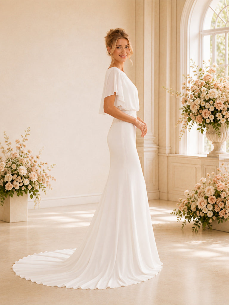 ChicSew Flutter Sleeve Mermaid Wedding Dress Open Back Chiffon Bridal Gown With Beading Waist