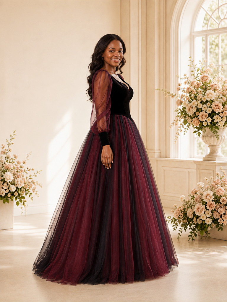ChicSew Elegant A-Line V-Neck Long Sleeves Velvet Tulle Maxi Wedding Dress