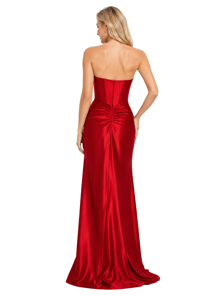 ChicSew Sexy Sweetheart Boning Ruched Soft Satin Mermaid Floor Length Bridesmaid Dresses With Side Slit