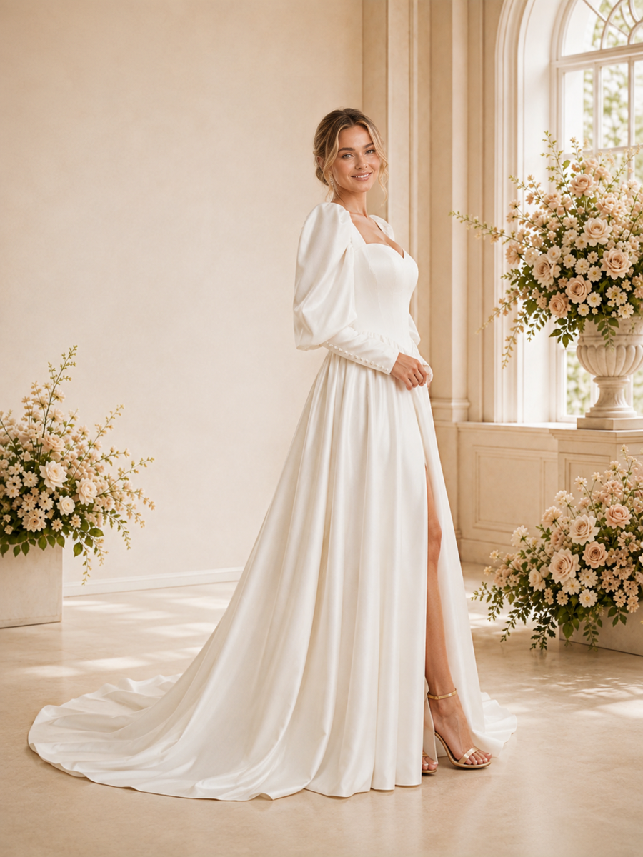 ChicSew Fancy Sweetheart A-Line Satin Long Sleeves Maxi Wedding Dress With Side Slit