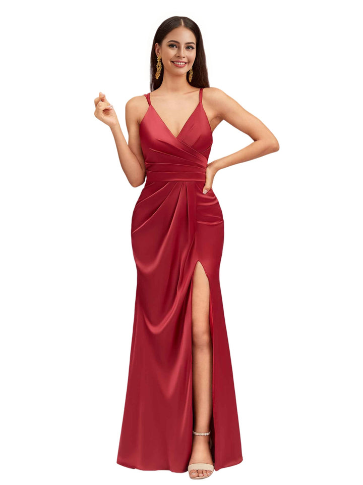 Sexy V-Neck Spaghetti Straps Side Slit Open Back Mermaid Soft Satin Long Bridesmaid Dresses