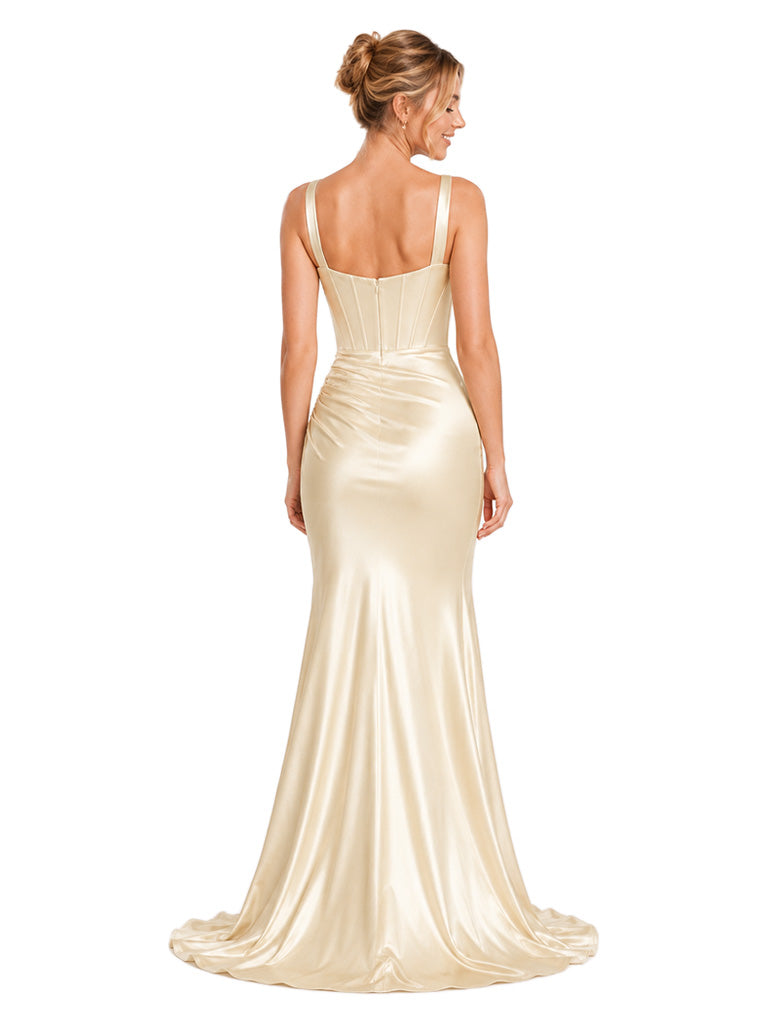 ChicSew Sexy V-Neck Boning Mermaid Silky Satin Ruched Bridesmaid Side Slit Maxi Gown