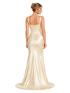 ChicSew Sexy V-Neck Boning Mermaid Silky Satin Ruched Bridesmaid Side Slit Maxi Gown