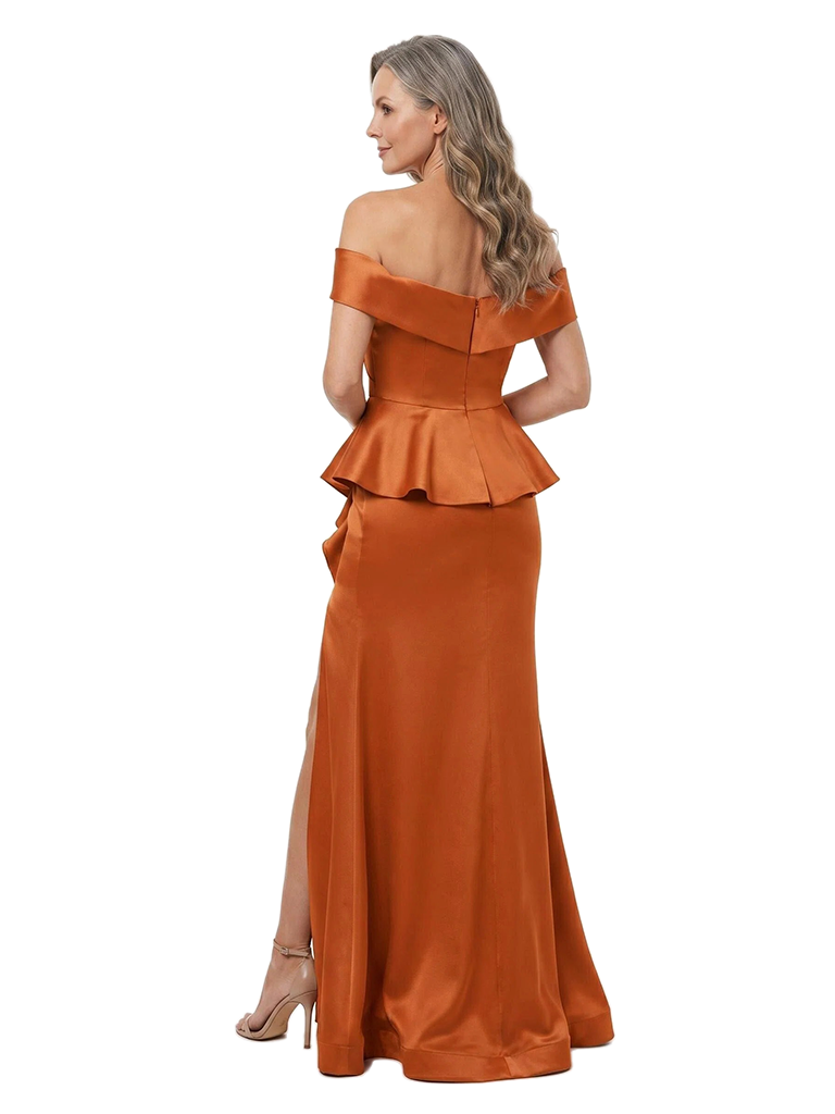 ChicSew Modern Off The Shoulder Mermaid Ruffle Silky Satin Mother Of The Bride Gown With Side Slit