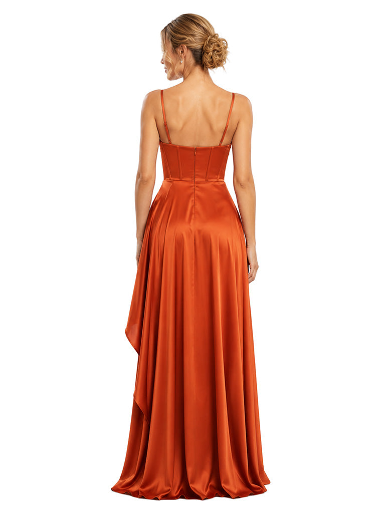 ChicSew Trendy Spaghetti Strap Satin Bridesmaid Dress With Corset Bodice Ruffle Side Slit Gown