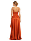 ChicSew Trendy Spaghetti Strap Satin Bridesmaid Dress With Corset Bodice Ruffle Side Slit Gown