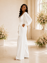 ChicSew Elegant V-Neck Crepe Long Sleeves Floor-Length Wedding Jumpsuit