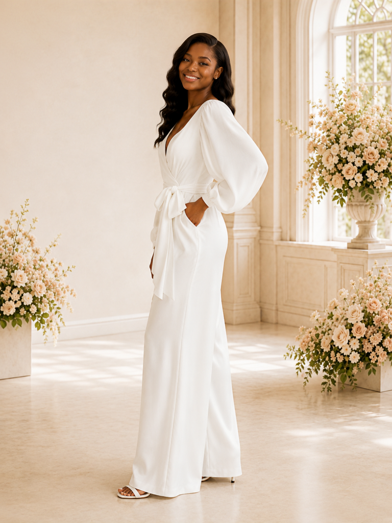 ChicSew Elegant V-Neck Crepe Long Sleeves Floor-Length Wedding Jumpsuit