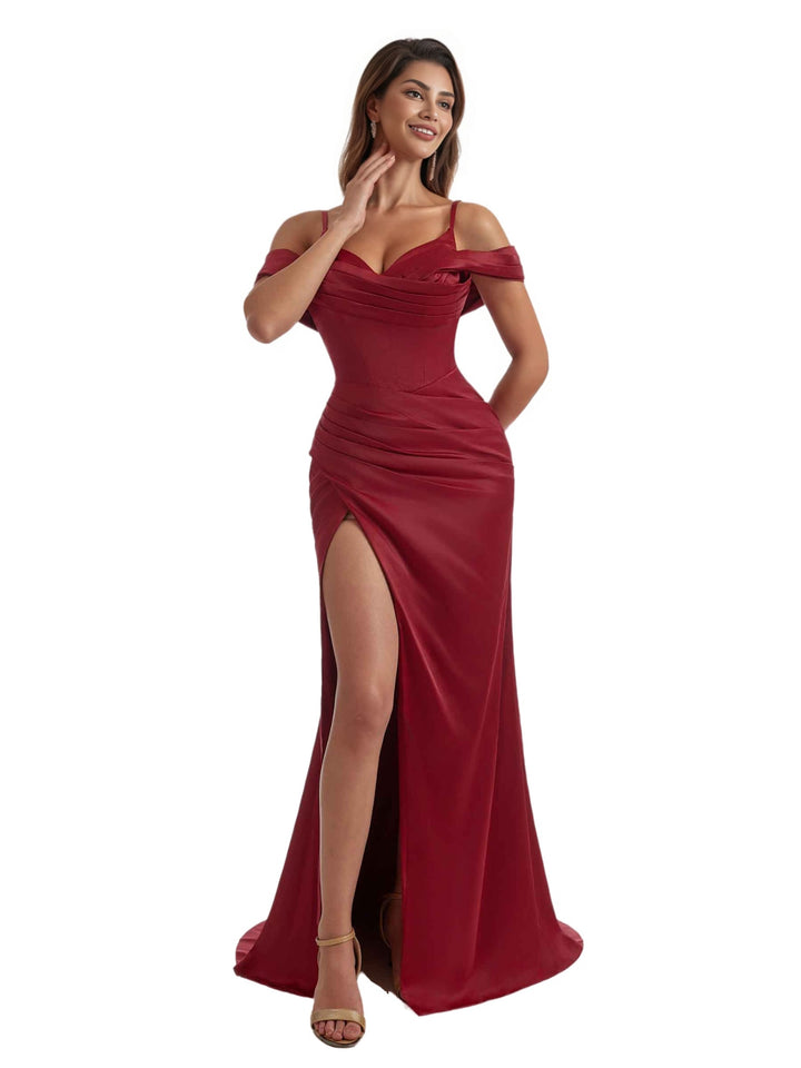 Gorgeous Cold Shoulder Mermaid Pleated Silky Satin Side Slit Long Bridesmaid Dresses