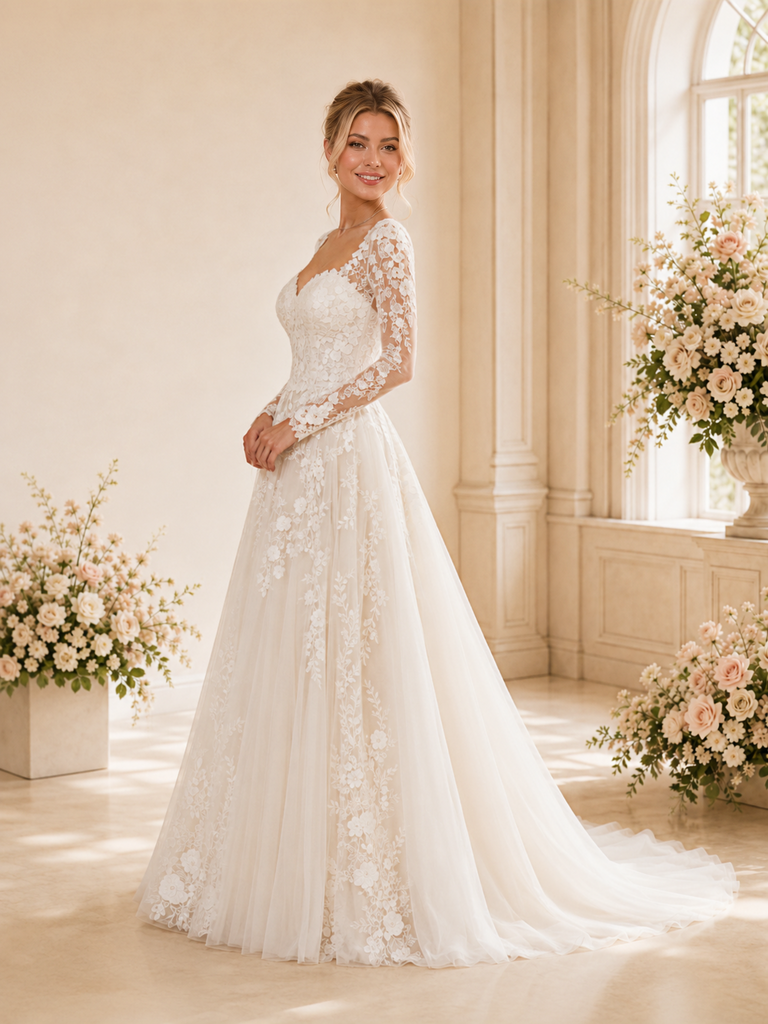 ChicSew Beautiful Long Sleeves Lace Appliques Tulle A-Line Maxi Wedding Dress Online