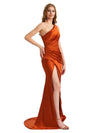 Sexy One Shoulder Silky Satin Side Split Mermaid Long Bridesmaid Dresses Online