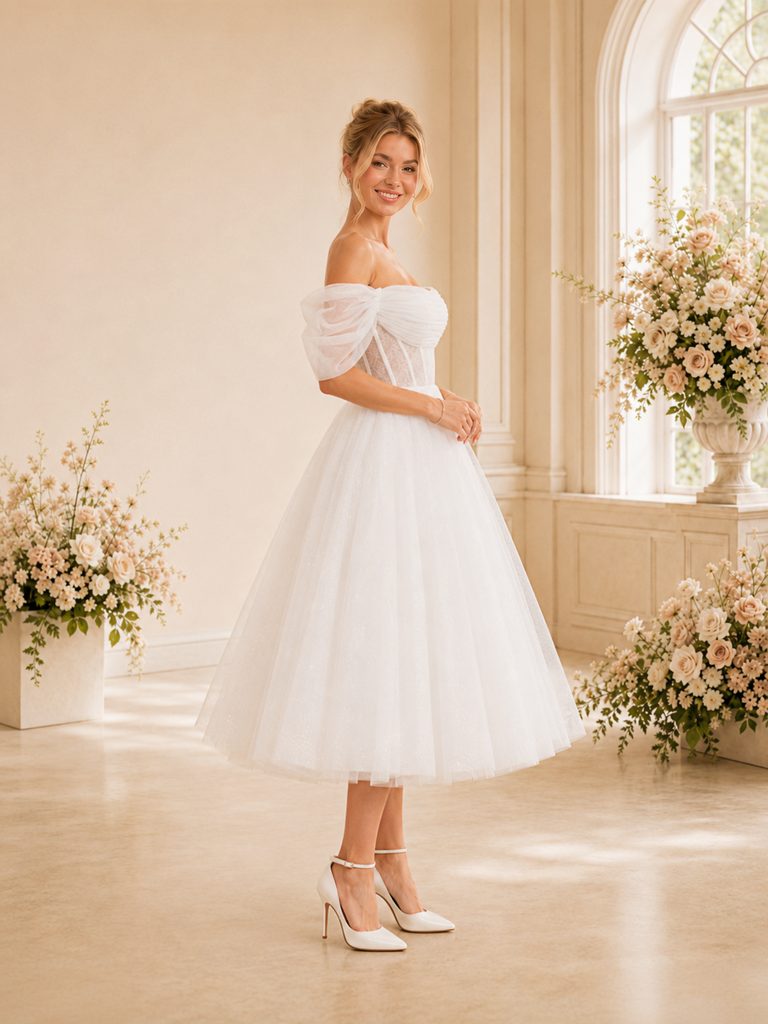 ChicSew Elegant A-Line Boning Lace Tulle Off The Shoulder Midi Wedding Dresses