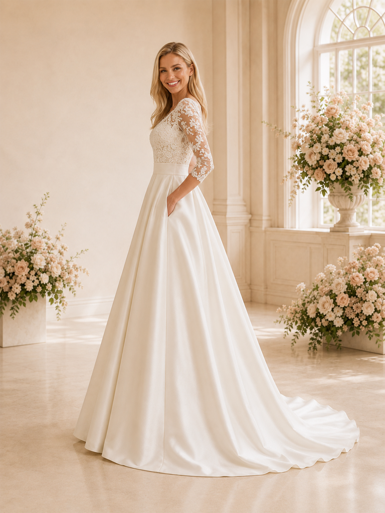 ChicSew Elegant V-Neck Lace Satin Half Sleeves A-Line Maxi Wedding Dresses