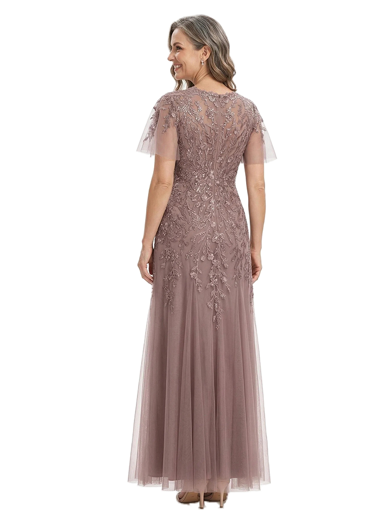 ChicSew Elegant V-Neck Short Sleeves A-Line Mother Of The Bride Gown Lace Tulle Overlay