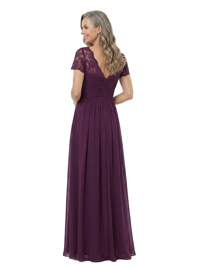ChicSew Elegant V-Neck Short Sleeves Lace Appliques Chiffon Floor Length A-Line Mother of the Bride Dress