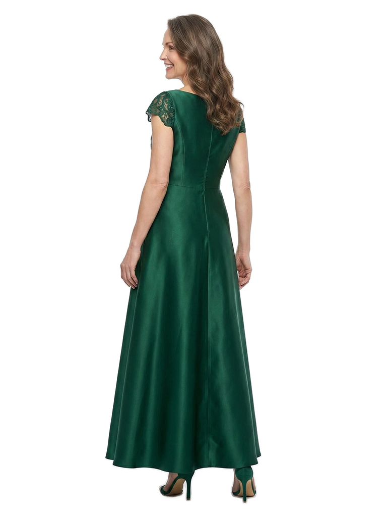 ChicSew V-Neck Short Sleeve Lace Applique Satin Floor Length A-Line Mother of the Bride Dress