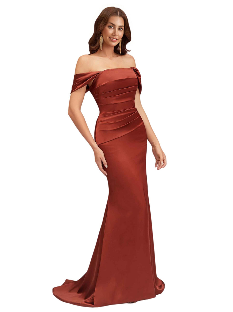 Sexy Off The Shoulder Soft Satin Mermaid Ruched Long Bridesmaid Dresses Online