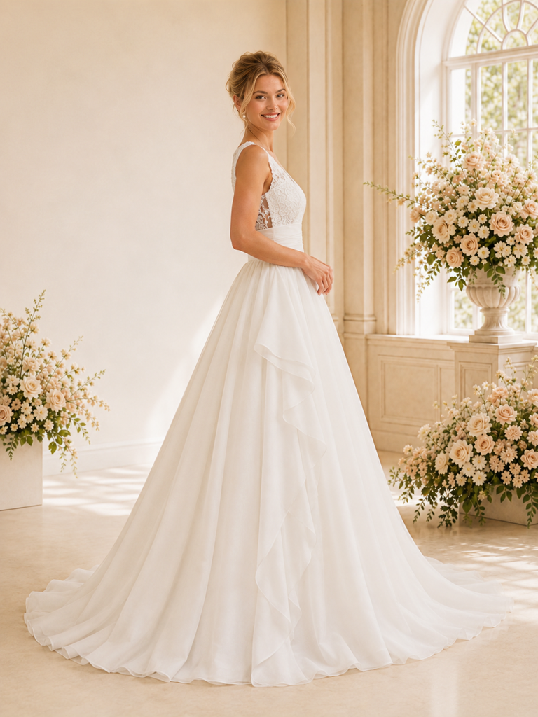 ChicSew Elegant Spaghetti Straps V-Neck A-Line Lace Chiffon Long Wedding Dresses