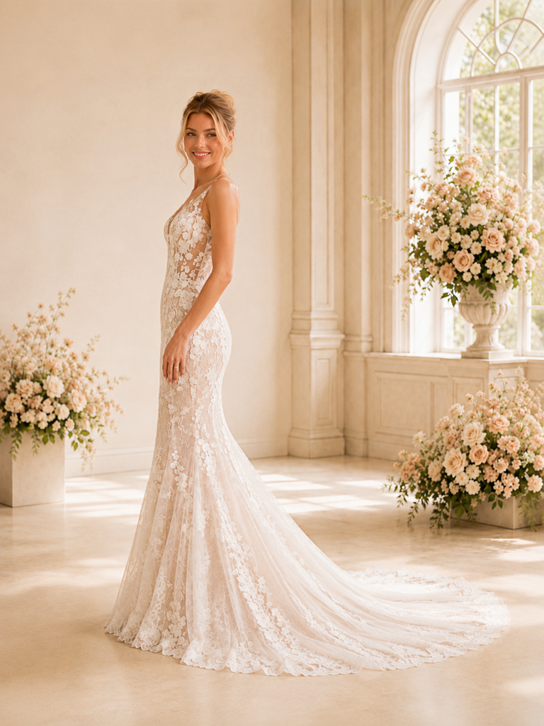ChicSew Romantic Elegant Deep V-Neck Sleeveless Lace Tulle Mermaid Wedding Dresses