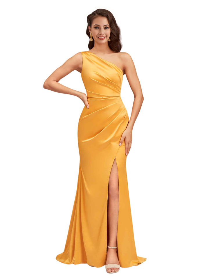 Sexy Mermaid One Shoulder Side Slit Beauty Long Soft Satin Bridesmaid Dresses Online