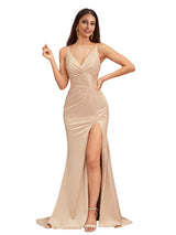Elegant Spaghetti Straps V-Neck Side Slit Mermaid Stretch Satin Long Bridesmaid Dresses