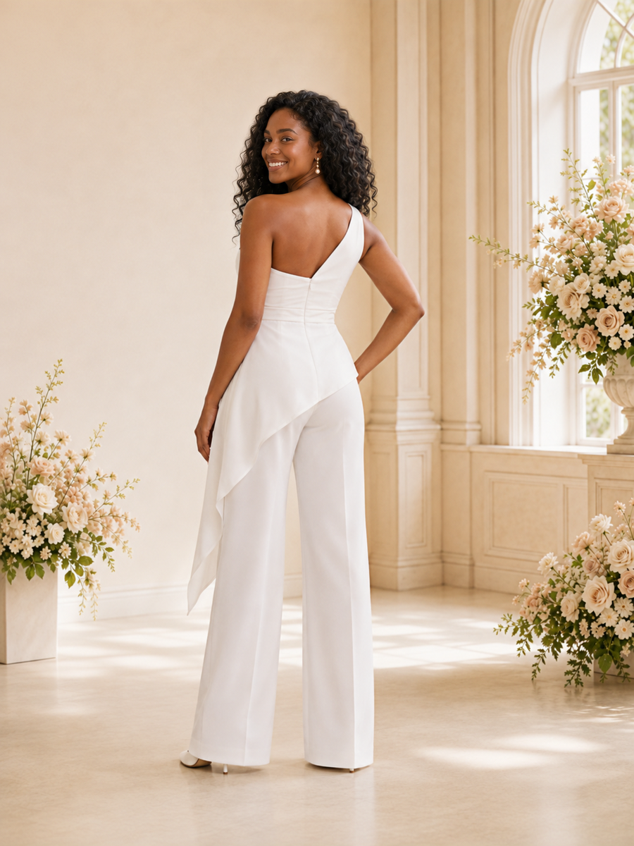 ChicSew Modern One Shoulder Ruching Satin Floor-Length Wedding Jumpsuit
