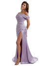 Elegant Off The Shoulder Split Mermaid Ruched Satin Women's Long Bridesmaid Dresses