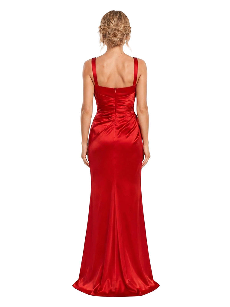 ChicSew Pretty Square Neck Sheath Soft Satin Ruched Modern Sleeveless Formal Bridesmaid Maxi Dress