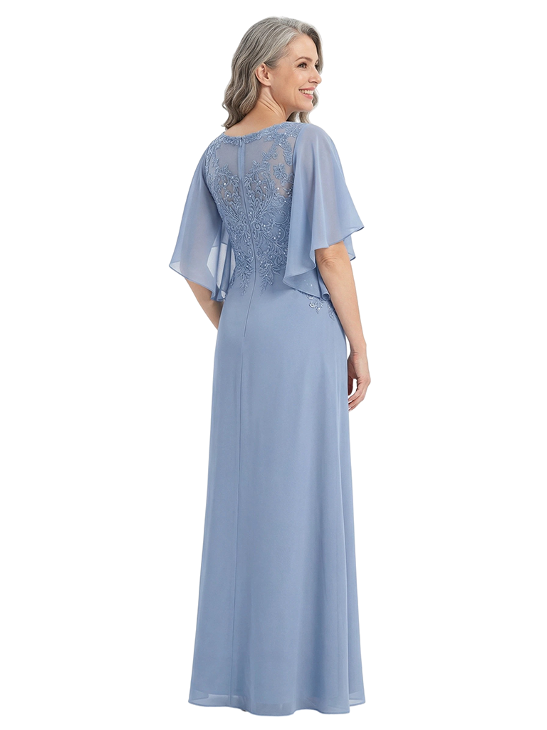 ChicSew Bateau Neck Flutter Sleeve Beaded Lace Applique Chiffon Floor Length Mother of the Bride Dress