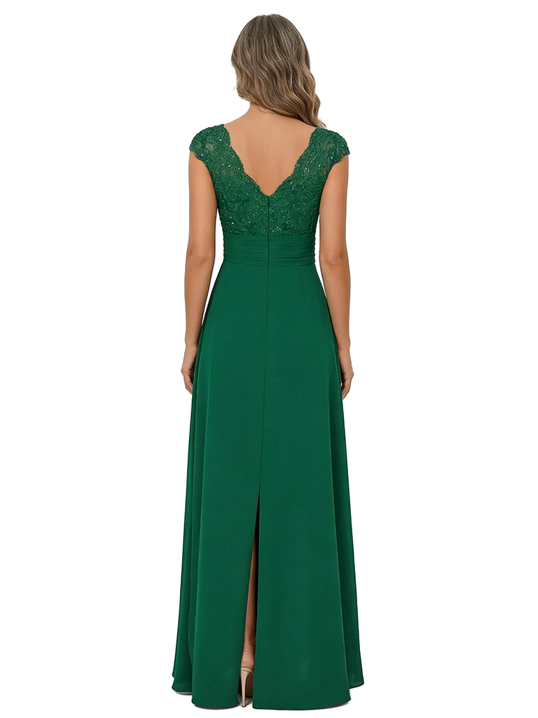 ChicSew Cap Sleeve Lace Beaded Ruched Waist High Low Chiffon Mom Of The Groom Dresses