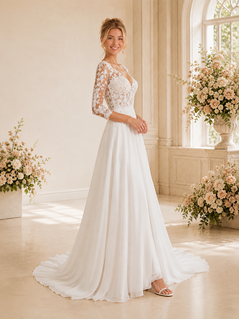 ChicSew Classy V-Neck 3/4 Sleeves Lace Chiffon A-Line Maxi Wedding Dress