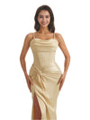 Elegant Mermaid Ruched Silky Satin Long Bridesmaid Dresses Slit Spaghetti Straps