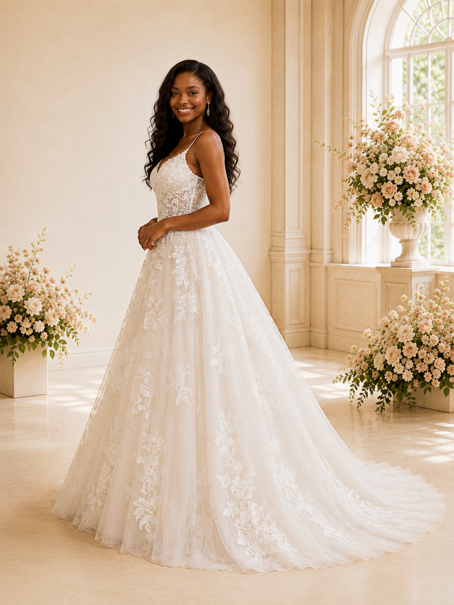 ChicSew Fancy Elegant Spaghetti Straps Tulle Lace A-Line Maxi Long Wedding Dress