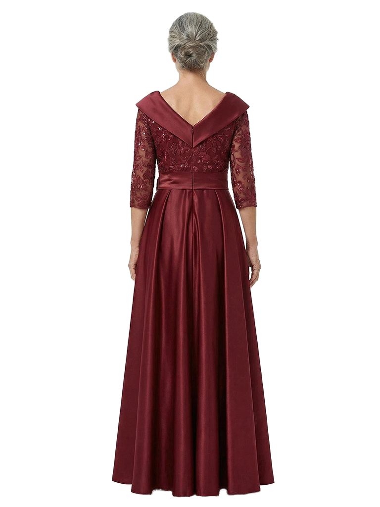ChicSew Long Sleeve V-Neck Silky Satin Mother Of The Groom Dresses Lace Bodice Maxi A-Line Gown