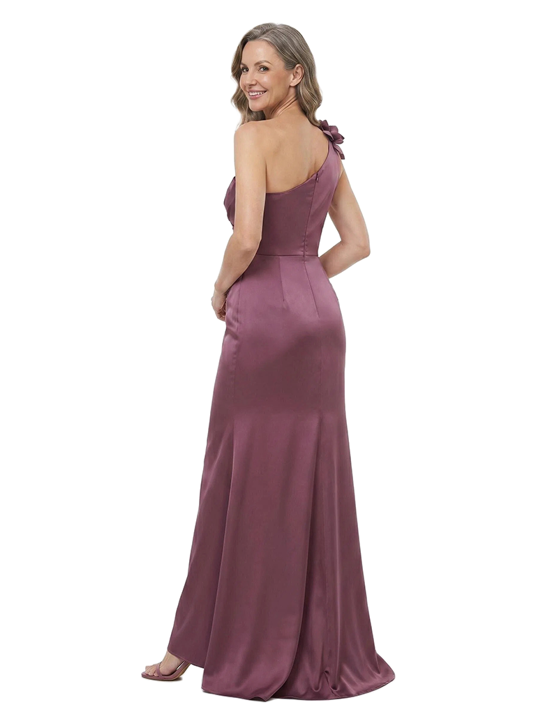 ChicSew One Shoulder Ruched Satin 3D Floral Appliqué Mermaid Floor-Length Mother of the Bride Dress