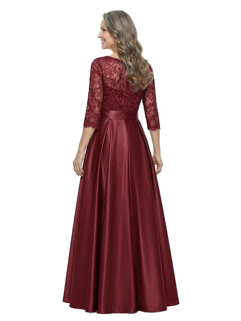 ChicSew Scoop Long Sleeve Lace Bow Waist Floor Length Satin Mother of the Bride Dresses