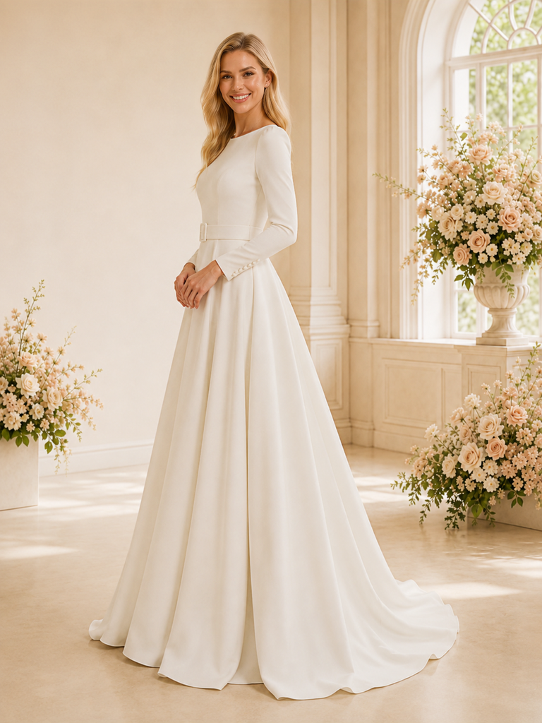 ChicSew Elegant Classy Long Sleeves Crepe A-Line Pleated Maxi Wedding Dress With Belt