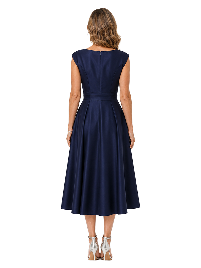 ChicSew Elegant Pleated Satin Mother Of The Bride Dresses V-Neck A-Line Tea-Length Formal Wedding Guest Dress