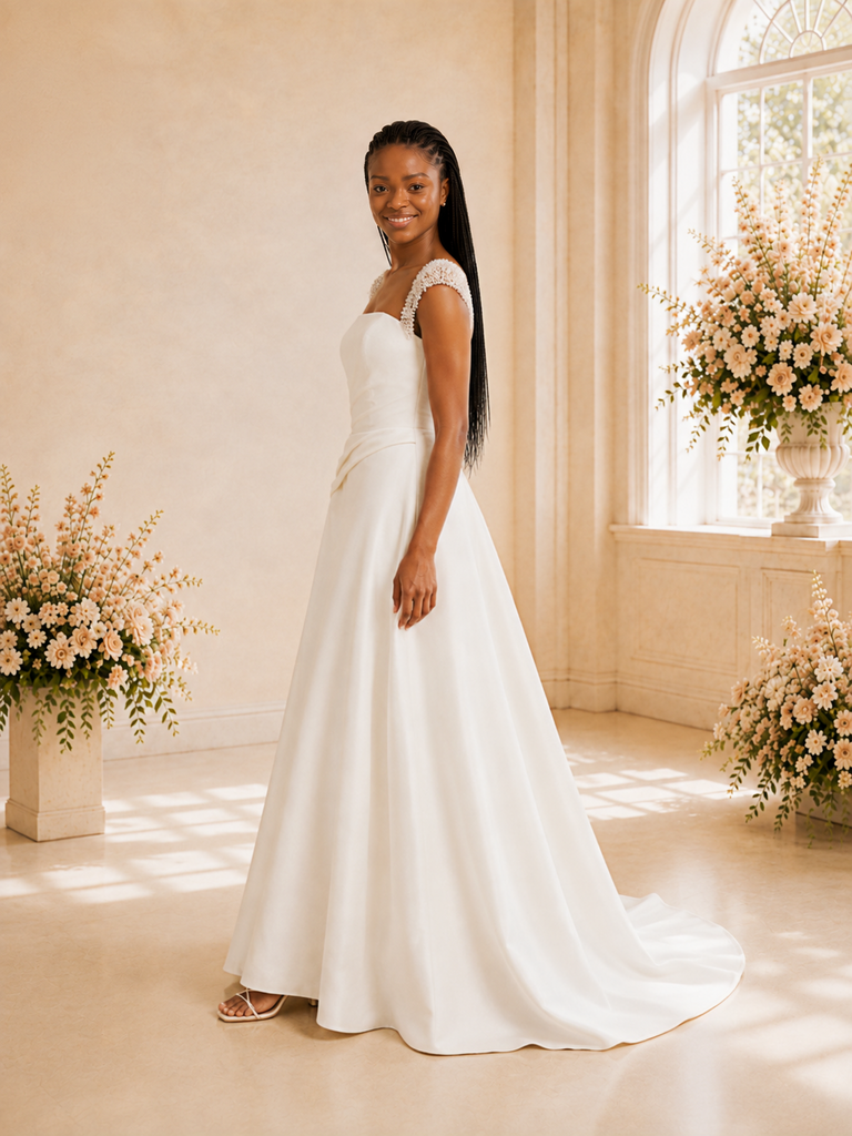 ChicSew Fancy Square Neck Rhinestone Ruching A-Line Satin Maxi Wedding Dress