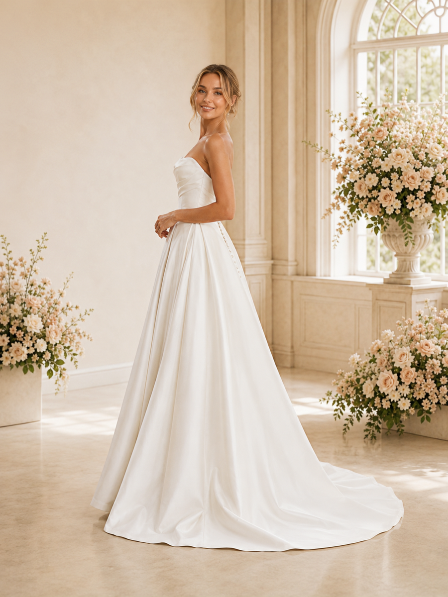 ChicSew Classy Satin Sweetheart A-Line Ruched Long Wedding Dress With Pocket