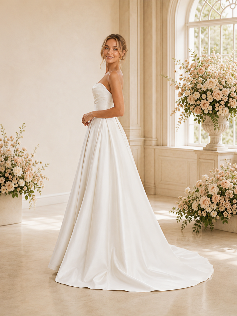 ChicSew Classy Satin Sweetheart A-Line Ruched Long Wedding Dress With Pocket