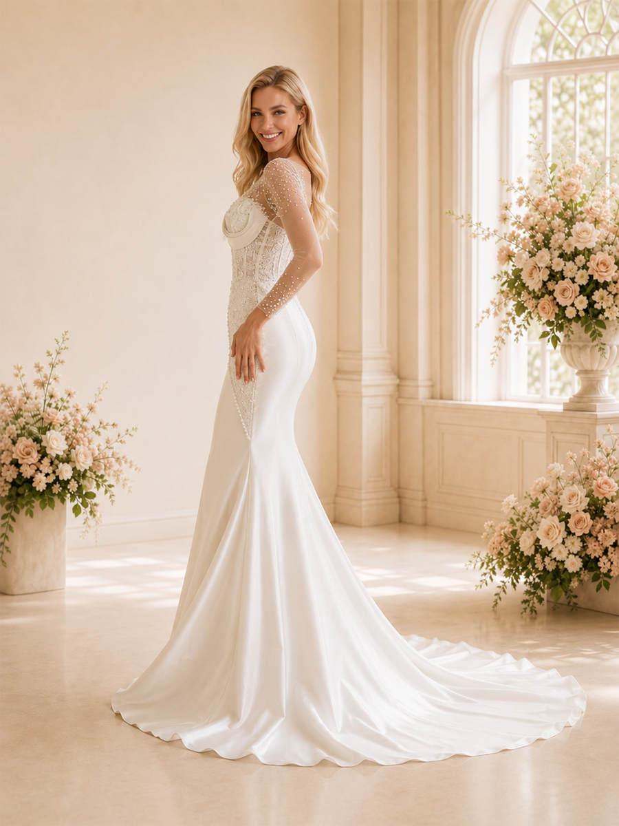 ChicSew Elegant Illusion Lace Applique Satin Long Sleeves Beaded Mermaid Maxi Wedding Dresses