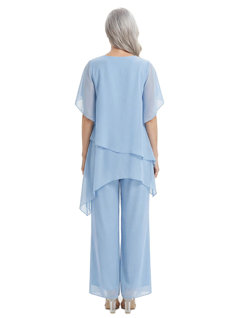 ChicSew Classy Flutter Sleeves Mother Of The Groom Pant Suit Three Piece Chiffon Set