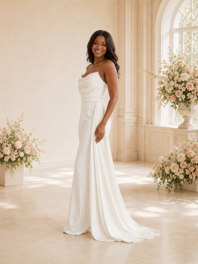 ChicSew Modern Strapless Ruching Satin Floor-Length Wedding Jumpsuit