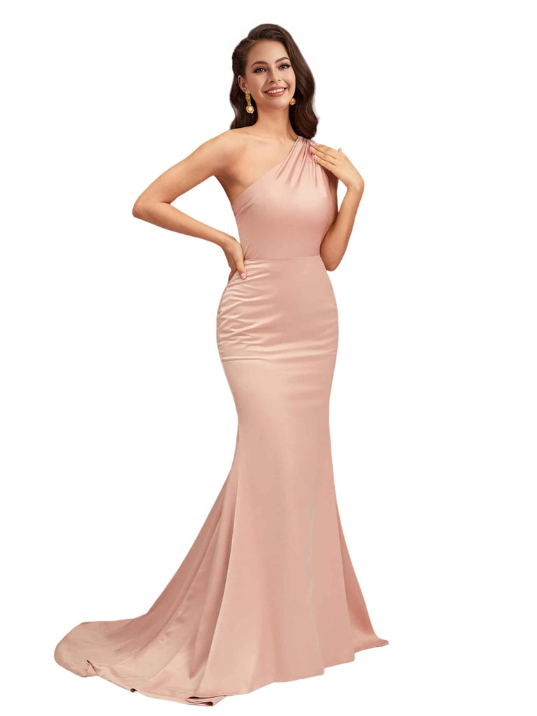 Sexy One Shoulder Soft Satin Open Back Mermaid Long Bridesmaid Dresses Online