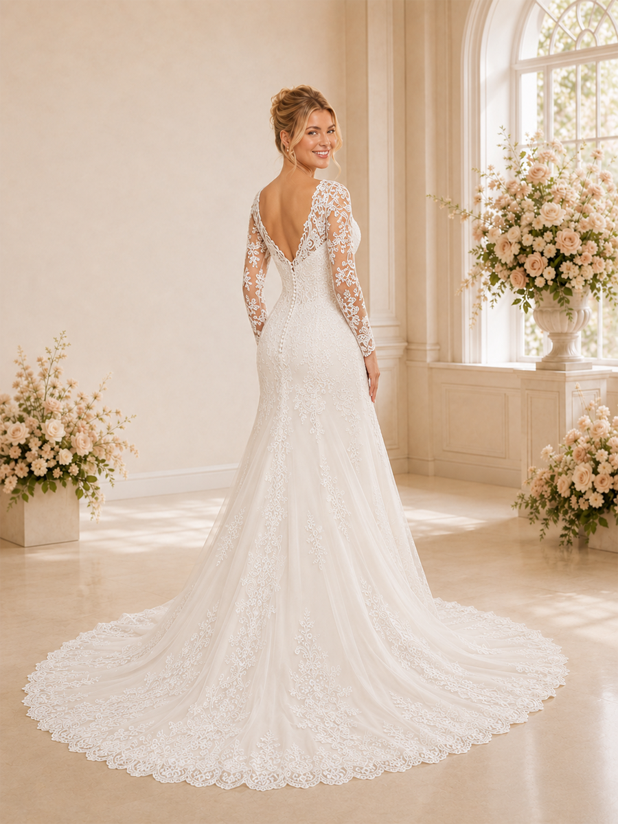 ChicSew Unique V-Neck A-Line Long Sleeves Lace Tulle Maxi Long Wedding Dresses