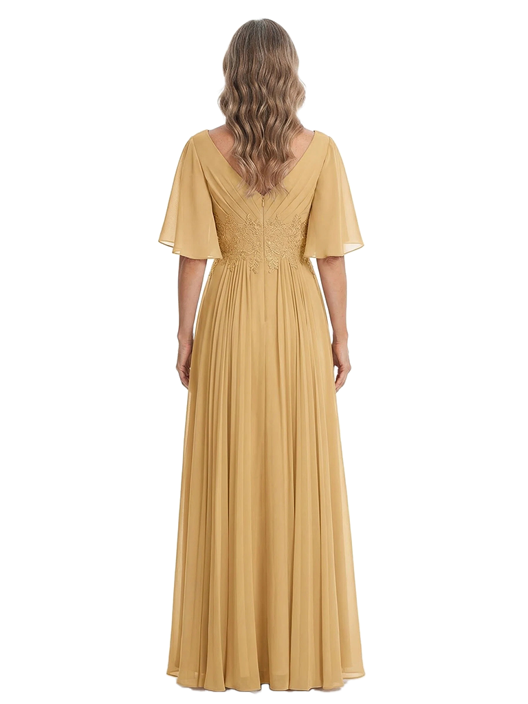 ChicSew Flowy Flutter Sleeves V-Neck Chiffon Floor-Length Mother Of The Groom Dresses With Pleats