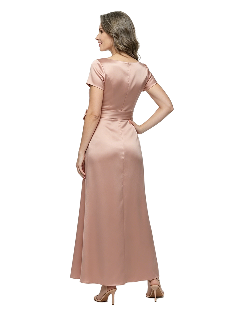 ChicSew Fancy Square Short Sleeves Ruched Bow Knot Satin Mermaid Mother Of The Groom Evening Gowns